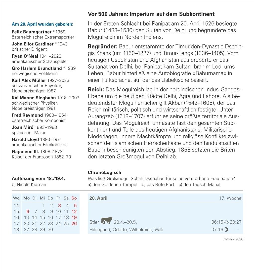 Beispielinhalt (Bild) Chronik Tagesabreißkalender 2026 - Kulturkalender - Personen, Ereignisse, Schauplätze