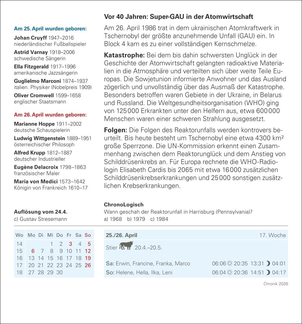 Beispielinhalt (Bild) Chronik Tagesabreißkalender 2026 - Kulturkalender - Personen, Ereignisse, Schauplätze