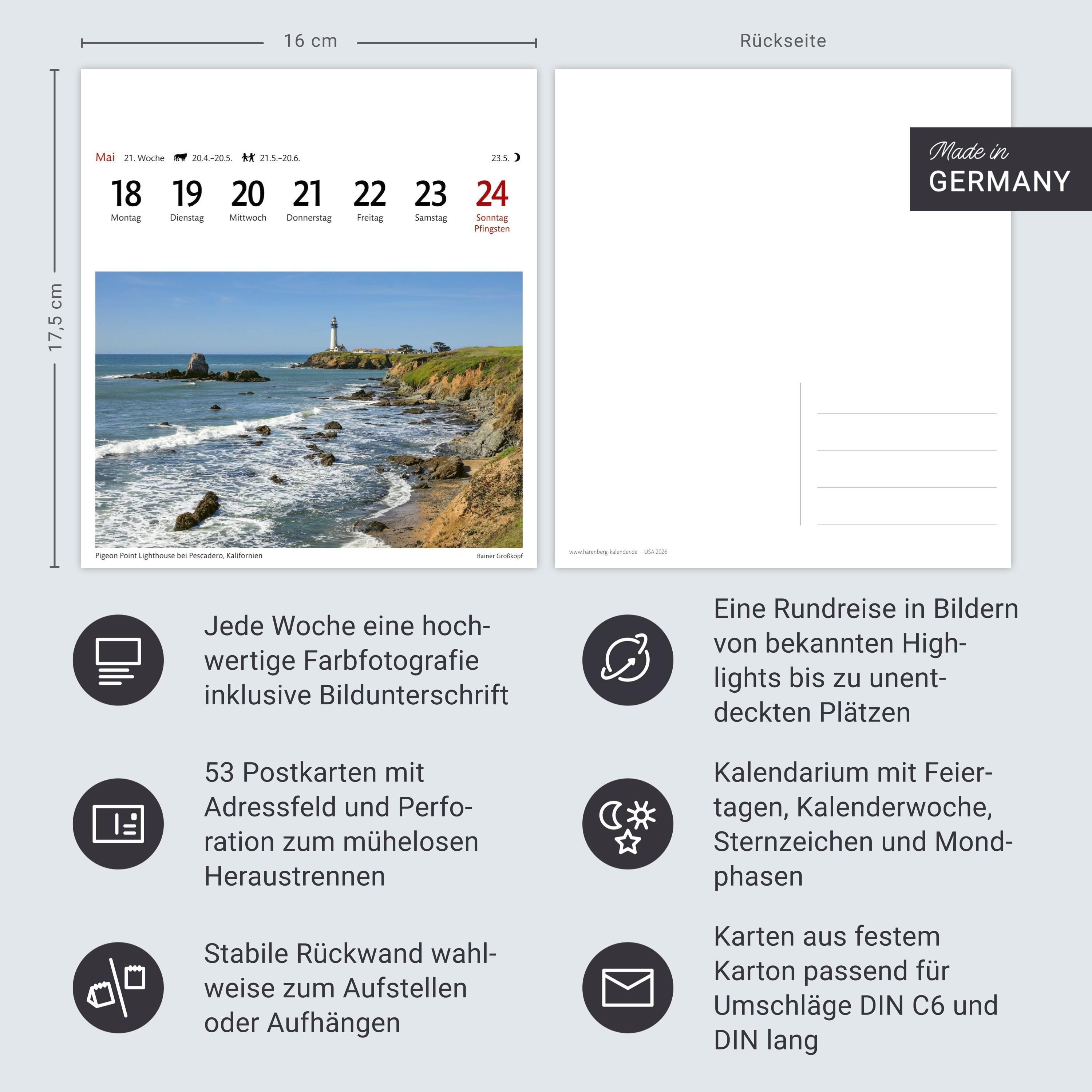 Beispielinhalt (Bild) USA Sehnsuchtskalender 2026 - Wochenkalender mit 53 Postkarten