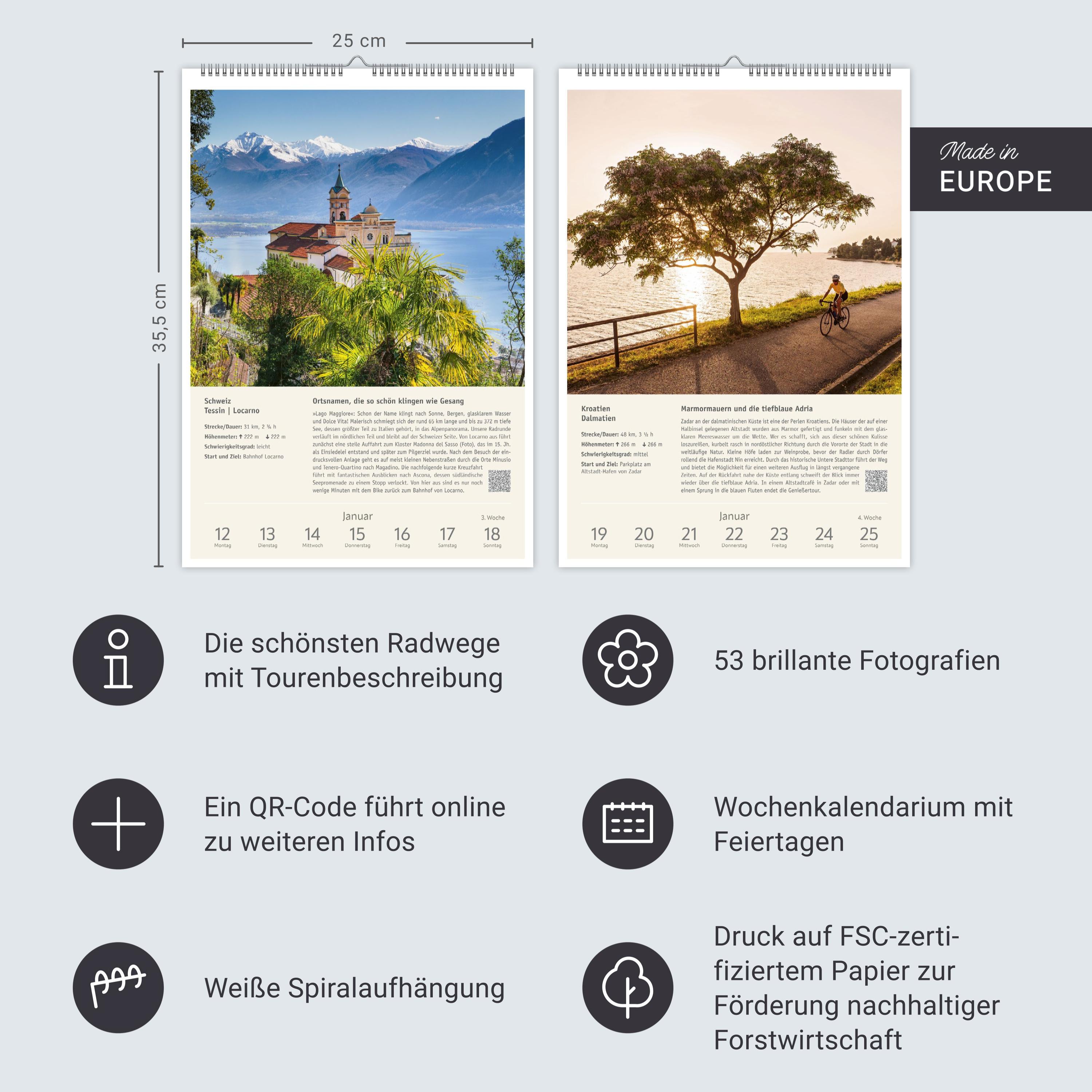 Beispielinhalt (Bild) Radwanderlust Wochen-Kulturkalender 2026 - 53 Touren von Rügen bis Südtirol