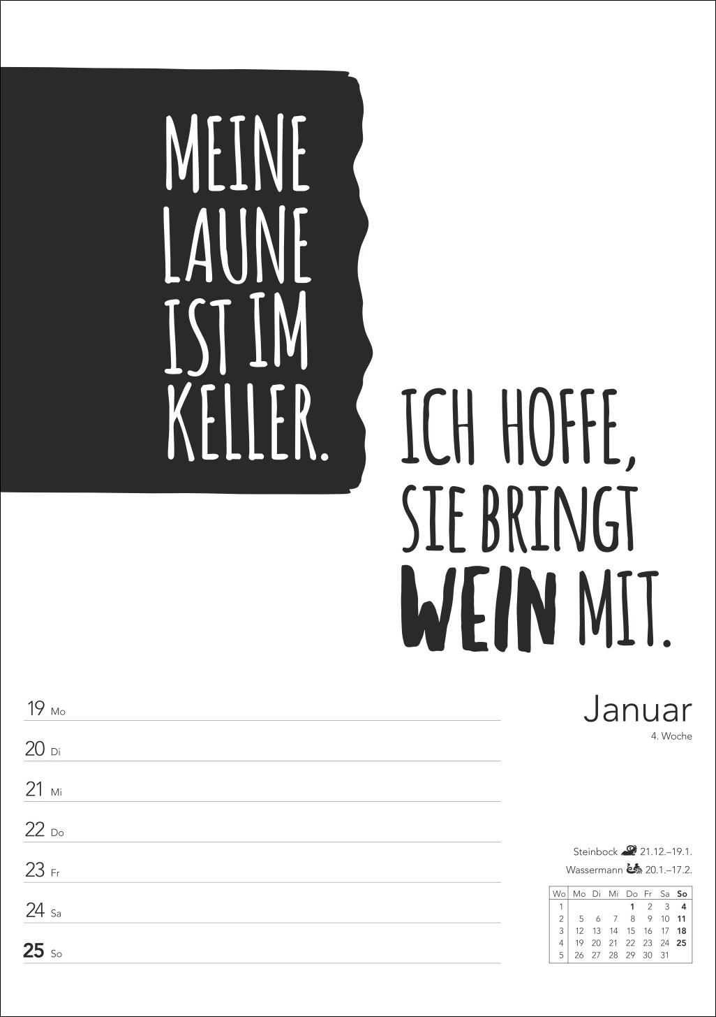 Beispielinhalt (Bild) Typo-Sprüche-Kalender s/w Wochenplaner 2026 - mit 53 witzigen Sprüchen