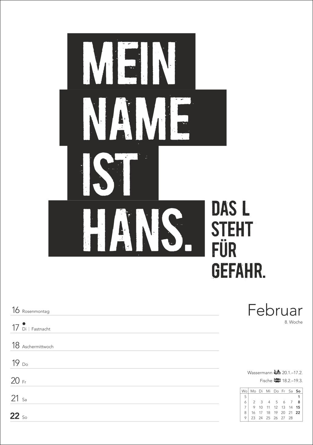 Beispielinhalt (Bild) Typo-Sprüche-Kalender s/w Wochenplaner 2026 - mit 53 witzigen Sprüchen