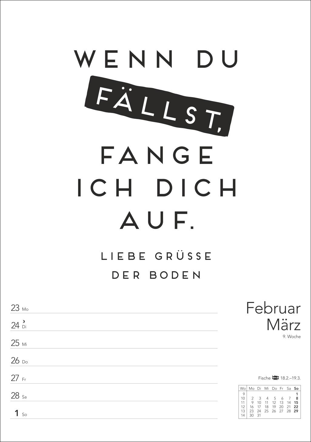 Beispielinhalt (Bild) Typo-Sprüche-Kalender s/w Wochenplaner 2026 - mit 53 witzigen Sprüchen