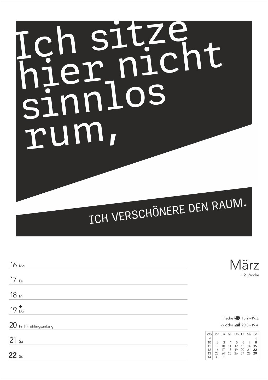 Beispielinhalt (Bild) Typo-Sprüche-Kalender s/w Wochenplaner 2026 - mit 53 witzigen Sprüchen