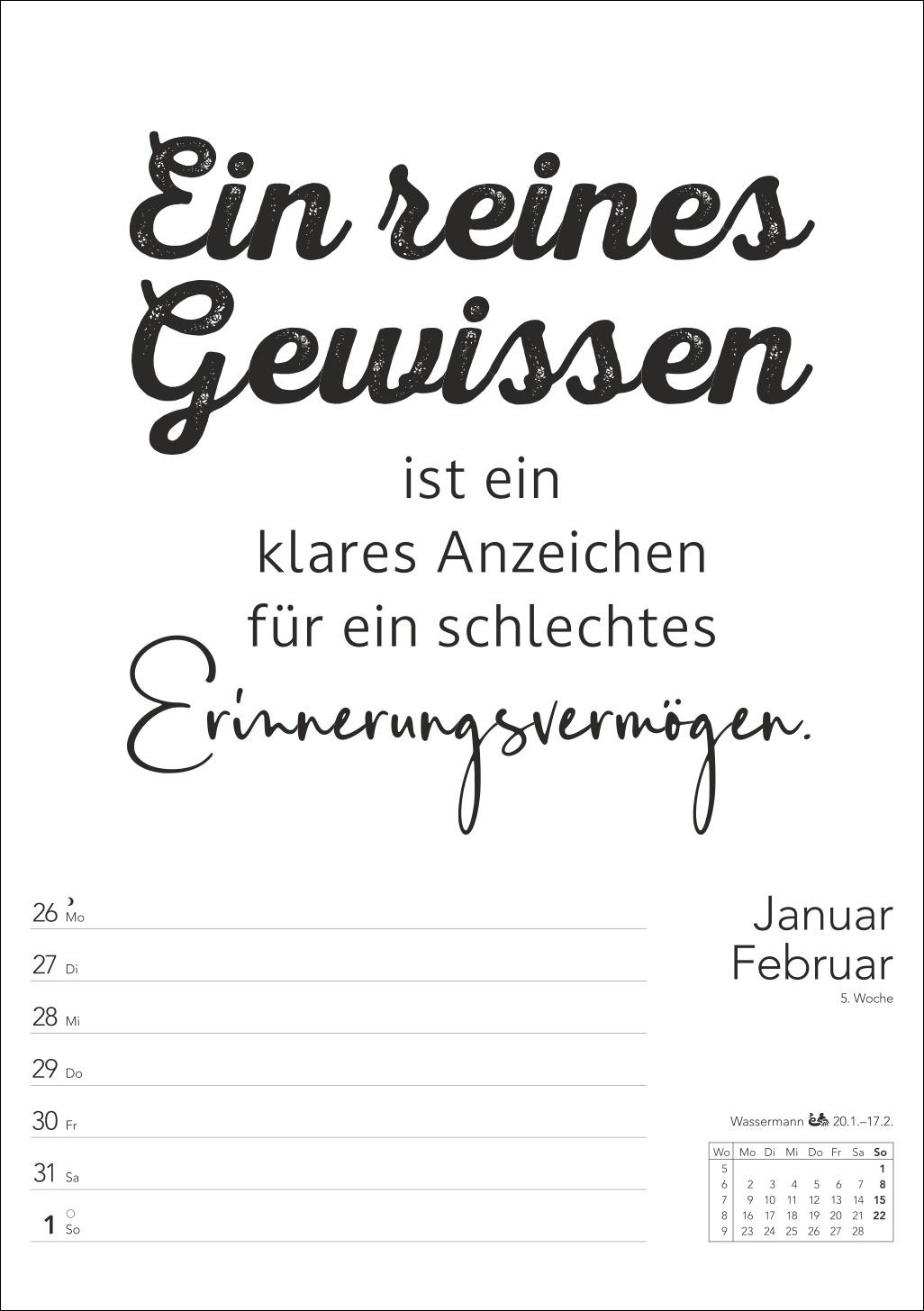 Beispielinhalt (Bild) Typo-Sprüche-Kalender s/w Wochenplaner 2026 - mit 53 witzigen Sprüchen