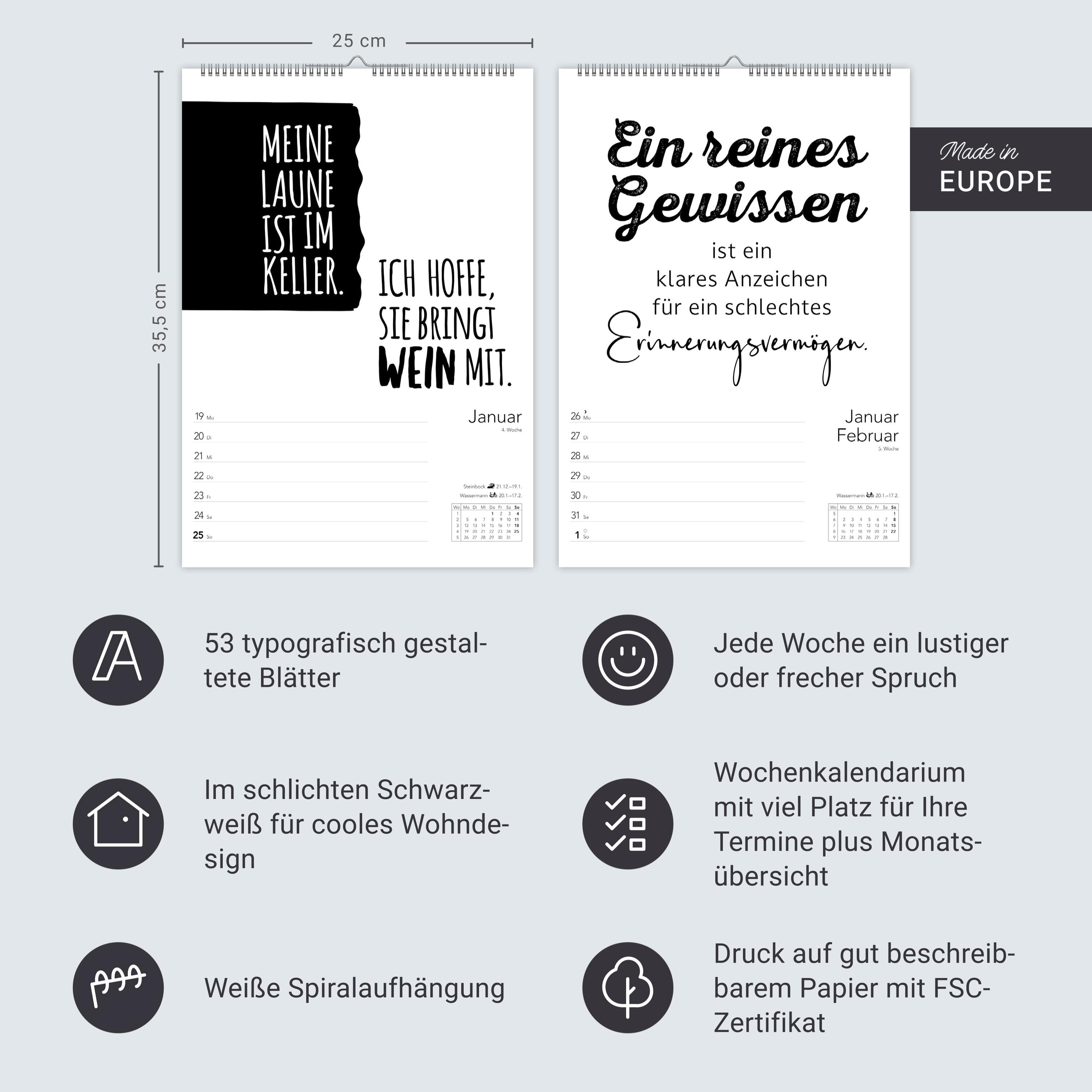 Beispielinhalt (Bild) Typo-Sprüche-Kalender s/w Wochenplaner 2026 - mit 53 witzigen Sprüchen