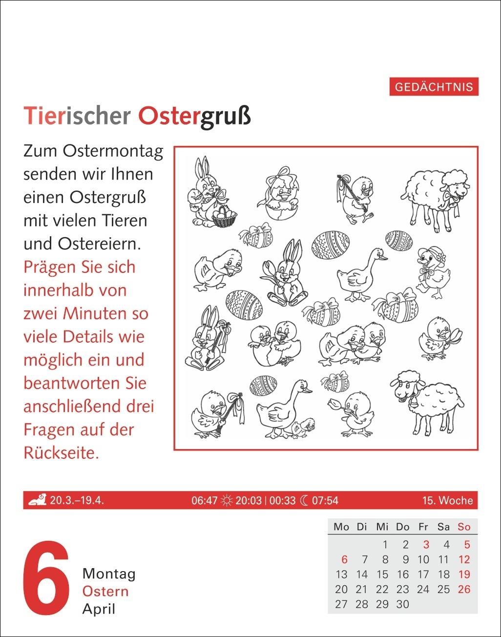 Beispielinhalt (Bild) Meyers Grips-Gymnastik Tagesabreißkalender 2026 - Das tägliche 5-Minuten-Training für Gedächtnis, schnelles Denken, Konzentration, Kreativität