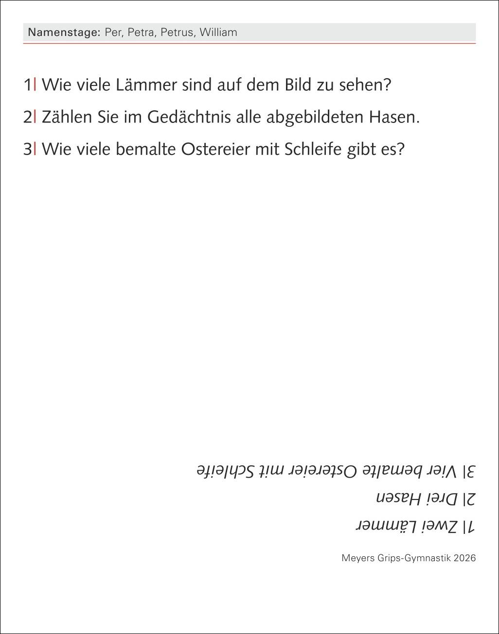 Beispielinhalt (Bild) Meyers Grips-Gymnastik Tagesabreißkalender 2026 - Das tägliche 5-Minuten-Training für Gedächtnis, schnelles Denken, Konzentration, Kreativität