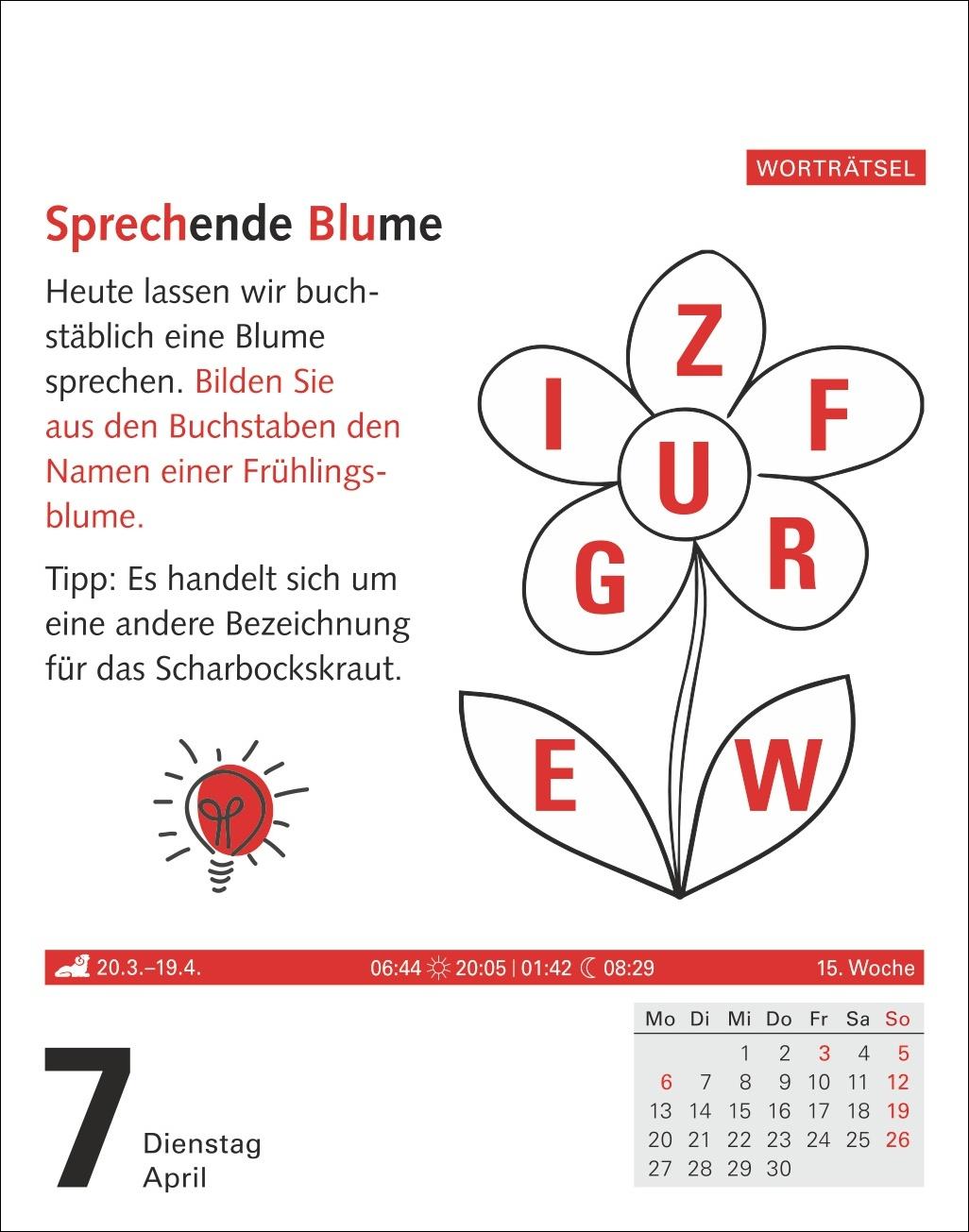 Beispielinhalt (Bild) Meyers Grips-Gymnastik Tagesabreißkalender 2026 - Das tägliche 5-Minuten-Training für Gedächtnis, schnelles Denken, Konzentration, Kreativität