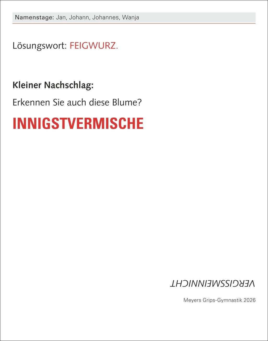 Beispielinhalt (Bild) Meyers Grips-Gymnastik Tagesabreißkalender 2026 - Das tägliche 5-Minuten-Training für Gedächtnis, schnelles Denken, Konzentration, Kreativität