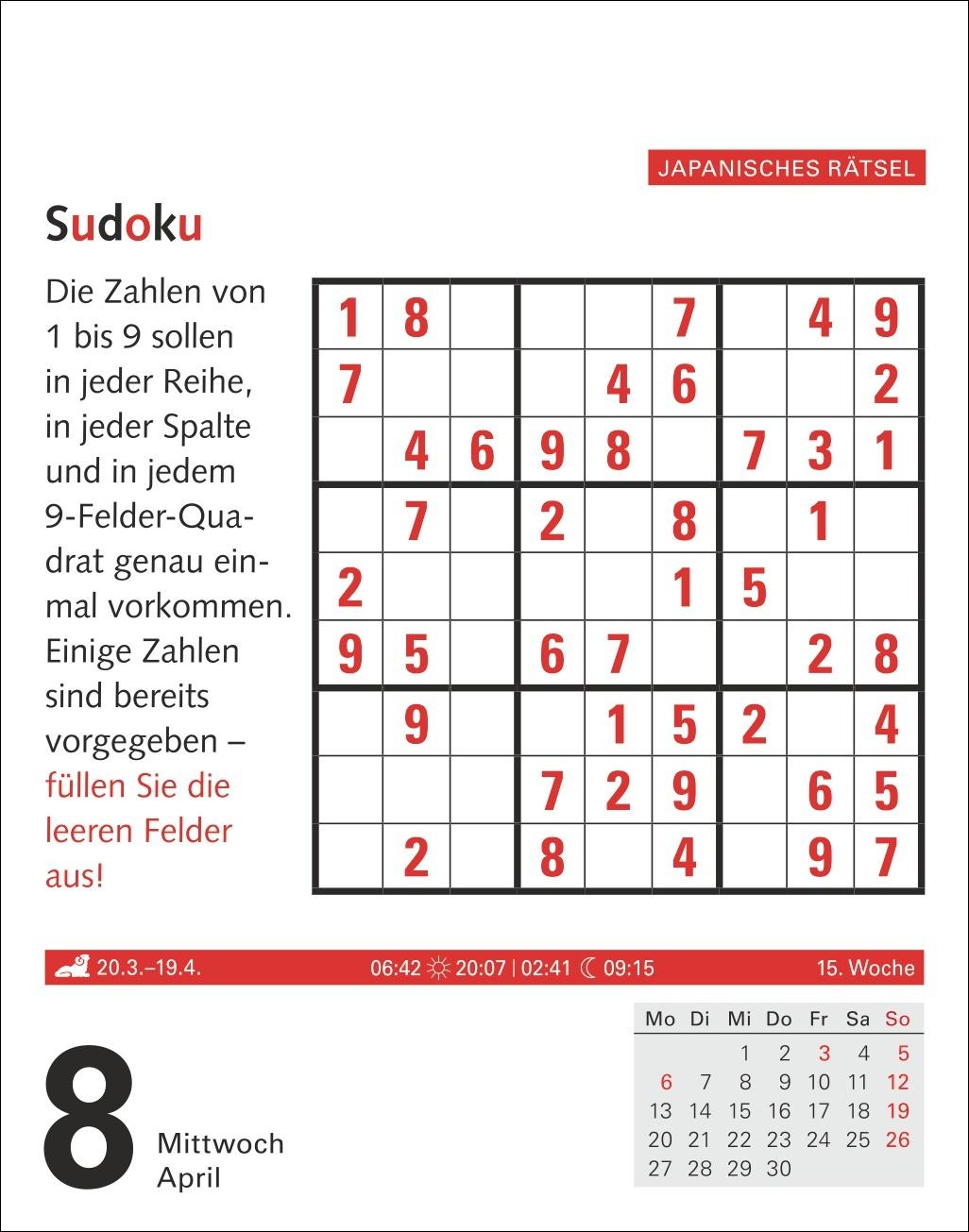 Beispielinhalt (Bild) Meyers Grips-Gymnastik Tagesabreißkalender 2026 - Das tägliche 5-Minuten-Training für Gedächtnis, schnelles Denken, Konzentration, Kreativität