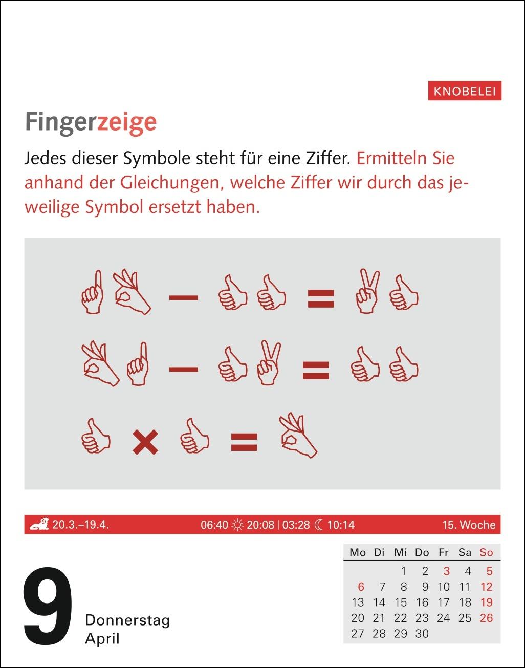 Beispielinhalt (Bild) Meyers Grips-Gymnastik Tagesabreißkalender 2026 - Das tägliche 5-Minuten-Training für Gedächtnis, schnelles Denken, Konzentration, Kreativität