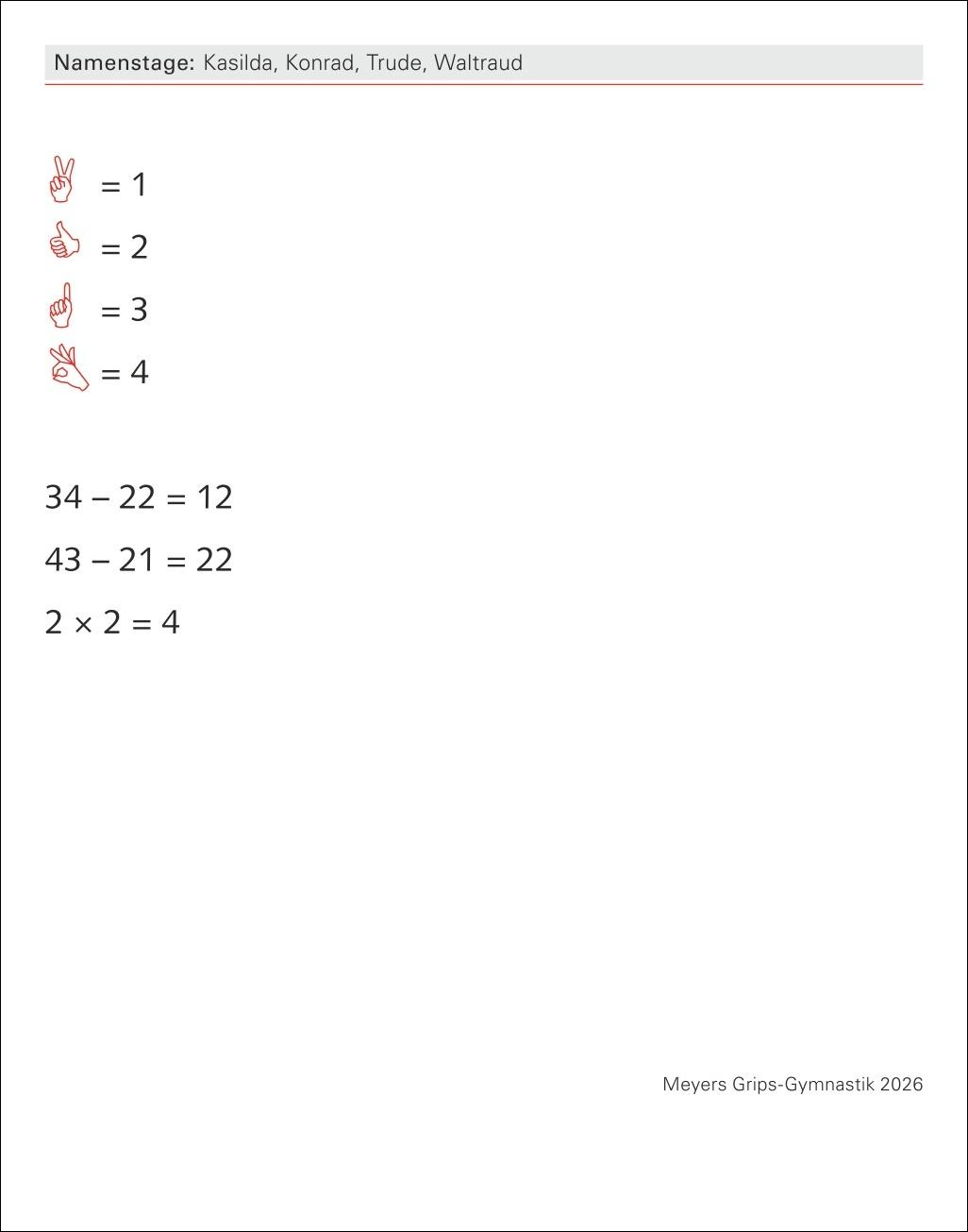 Beispielinhalt (Bild) Meyers Grips-Gymnastik Tagesabreißkalender 2026 - Das tägliche 5-Minuten-Training für Gedächtnis, schnelles Denken, Konzentration, Kreativität