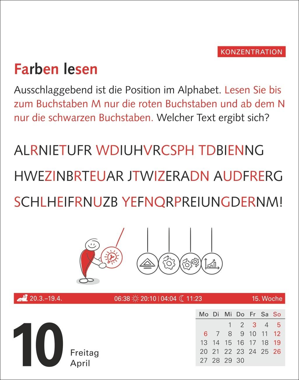 Beispielinhalt (Bild) Meyers Grips-Gymnastik Tagesabreißkalender 2026 - Das tägliche 5-Minuten-Training für Gedächtnis, schnelles Denken, Konzentration, Kreativität