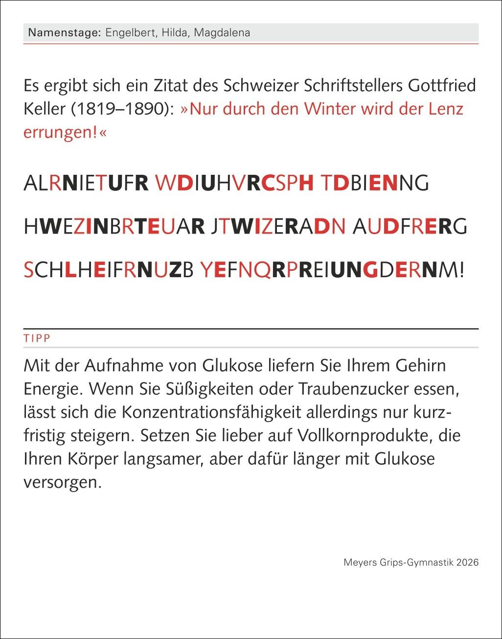 Beispielinhalt (Bild) Meyers Grips-Gymnastik Tagesabreißkalender 2026 - Das tägliche 5-Minuten-Training für Gedächtnis, schnelles Denken, Konzentration, Kreativität