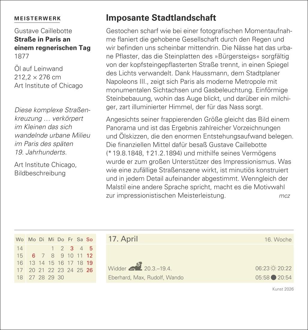 Beispielinhalt (Bild) Kunst Tagesabreißkalender 2026 - Kulturkalender - Künstler, Werke, Museen