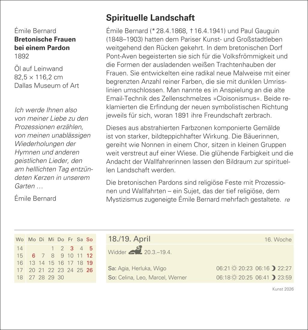 Beispielinhalt (Bild) Kunst Tagesabreißkalender 2026 - Kulturkalender - Künstler, Werke, Museen