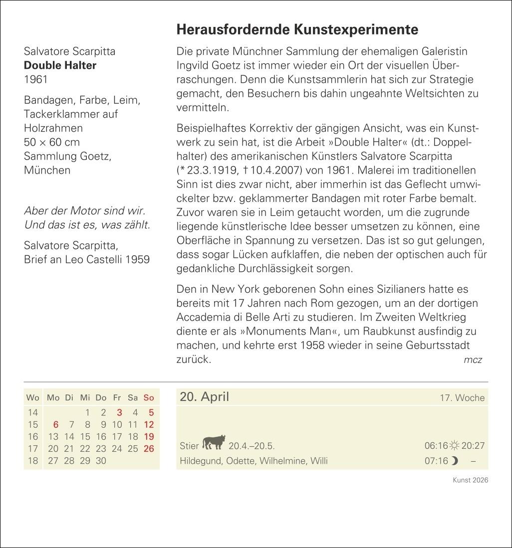 Beispielinhalt (Bild) Kunst Tagesabreißkalender 2026 - Kulturkalender - Künstler, Werke, Museen