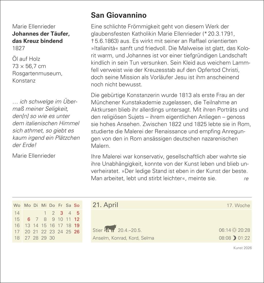 Beispielinhalt (Bild) Kunst Tagesabreißkalender 2026 - Kulturkalender - Künstler, Werke, Museen