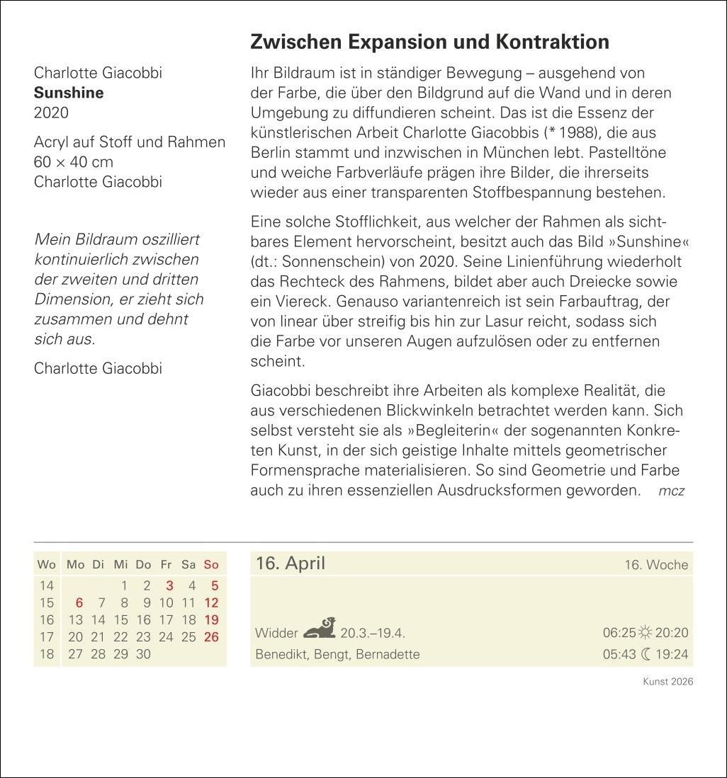 Beispielinhalt (Bild) Kunst Tagesabreißkalender 2026 - Kulturkalender - Künstler, Werke, Museen