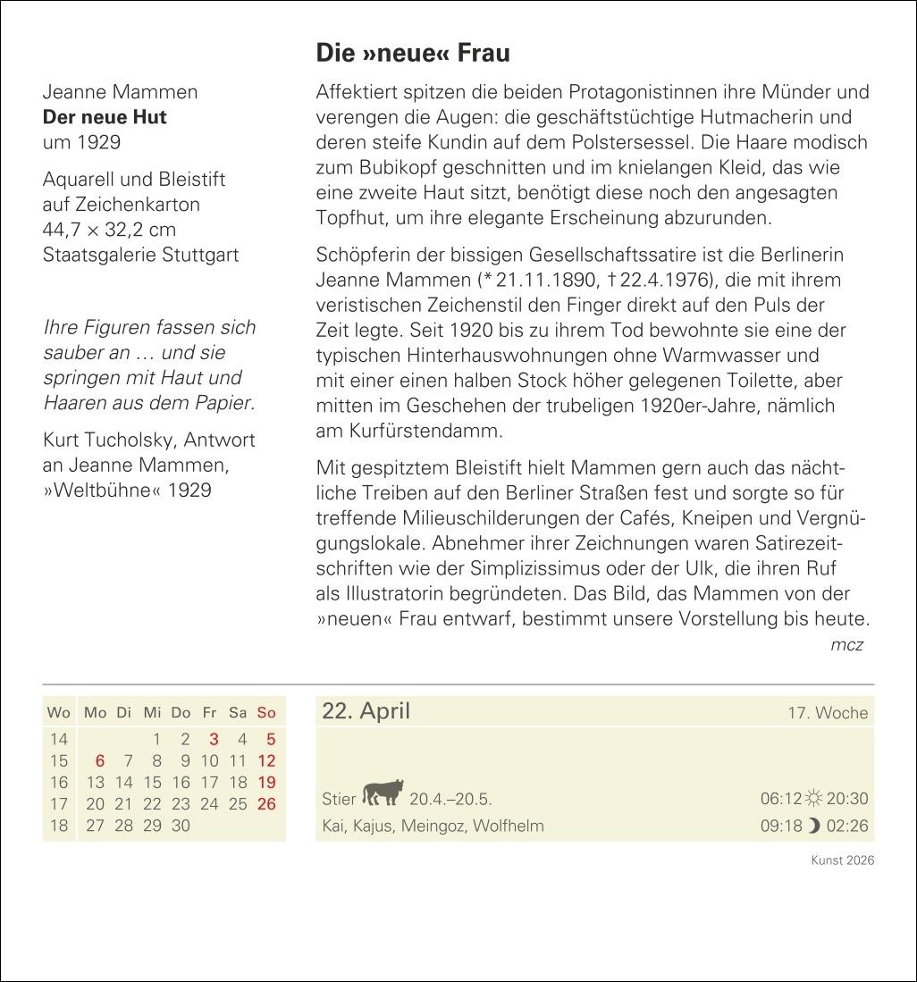 Beispielinhalt (Bild) Kunst Tagesabreißkalender 2026 - Kulturkalender - Künstler, Werke, Museen