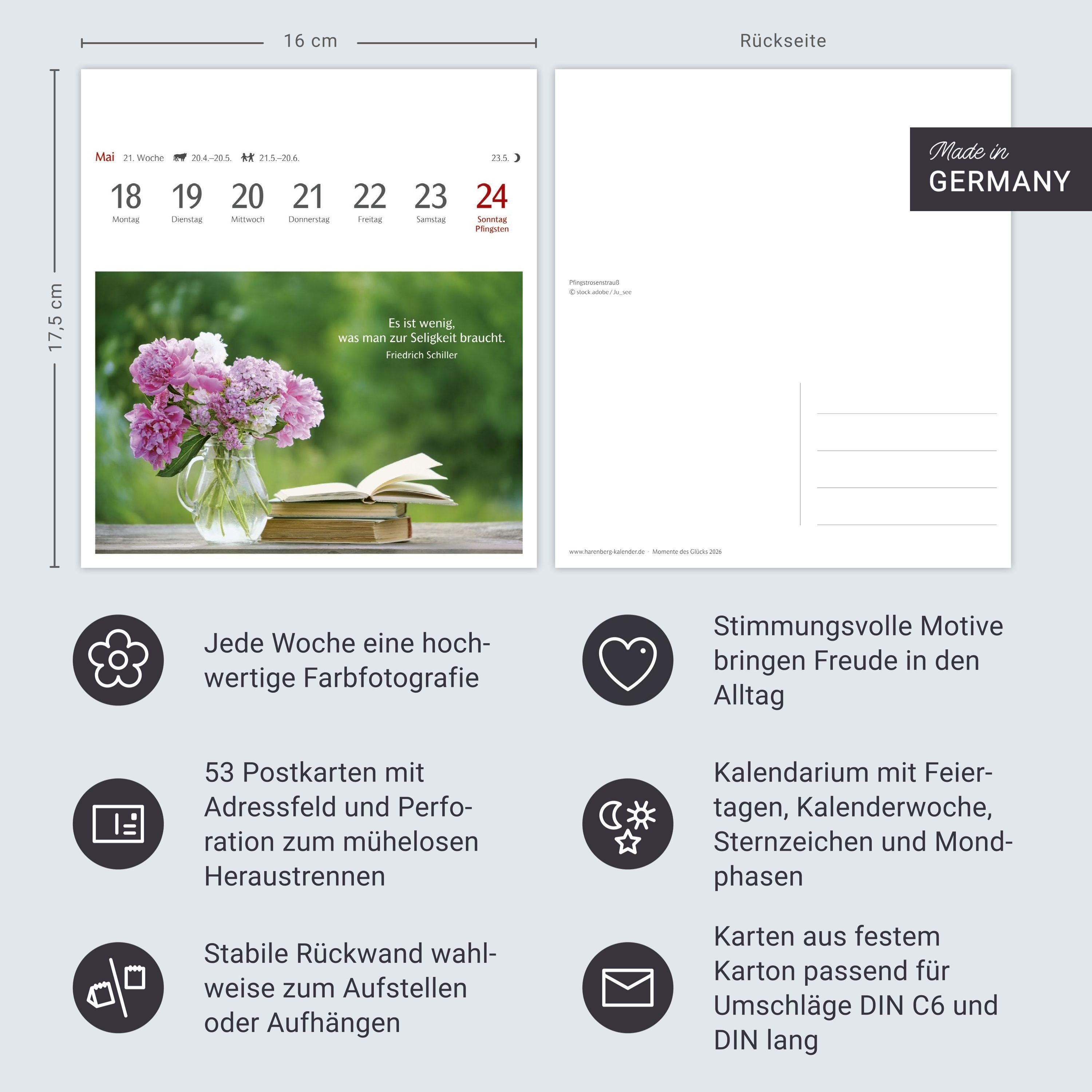 Beispielinhalt (Bild) Momente des Glücks Postkartenkalender 2026 - Wochenkalender mit Zitaten, mit 53 Postkarten