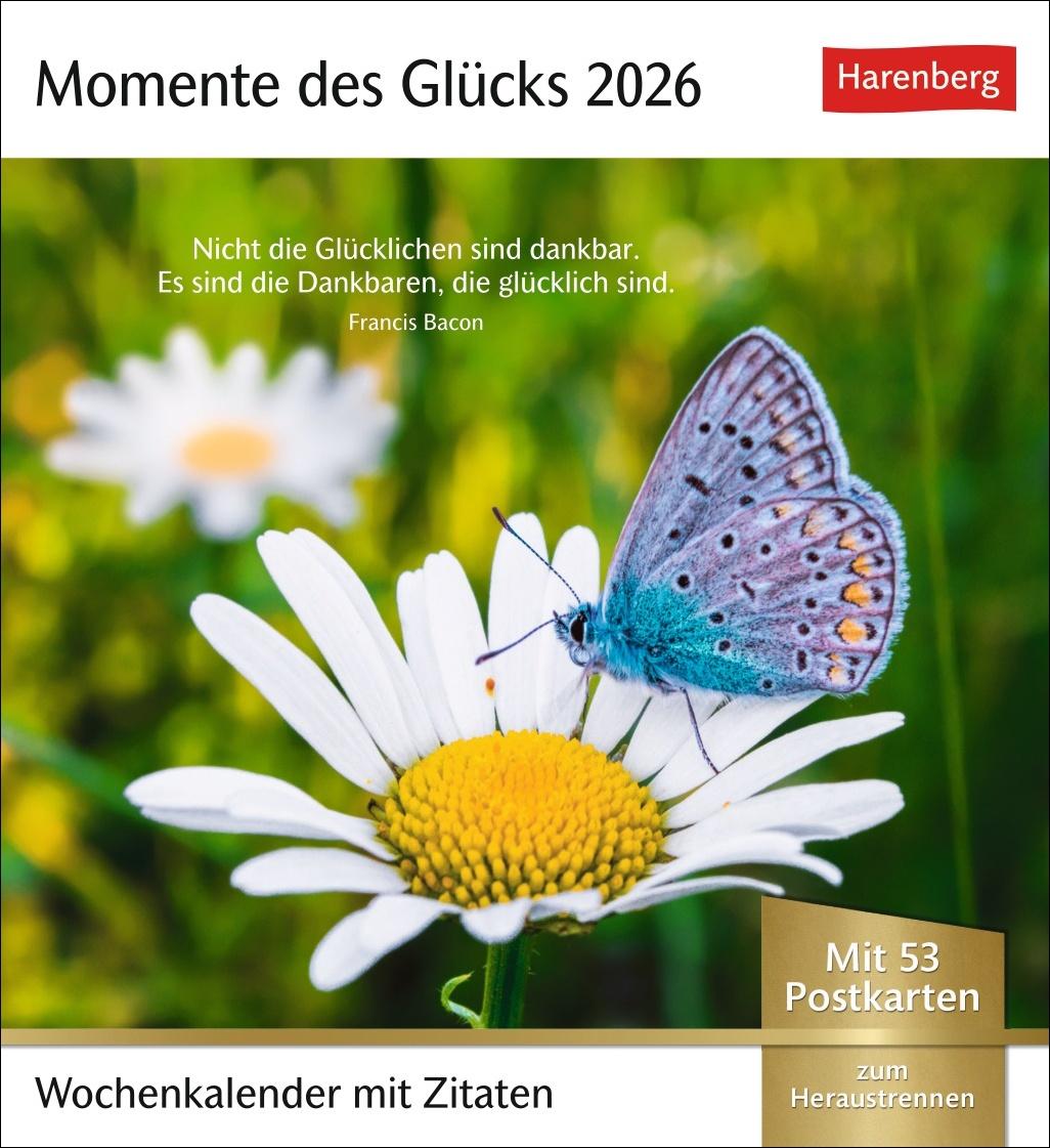 Vorderes Coverbild Momente des Glücks Postkartenkalender 2026 - Wochenkalender mit Zitaten, mit 53 Postkarten