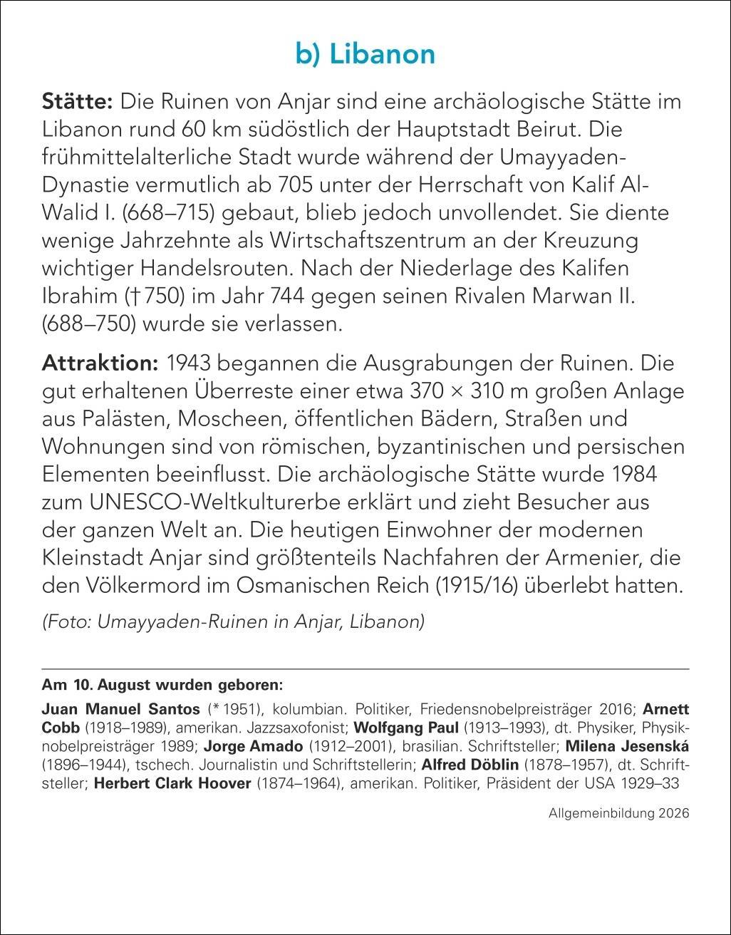 Beispielinhalt (Bild) Allgemeinbildung Tagesabreißkalender 2026 - Das tägliche Wissens-Quiz