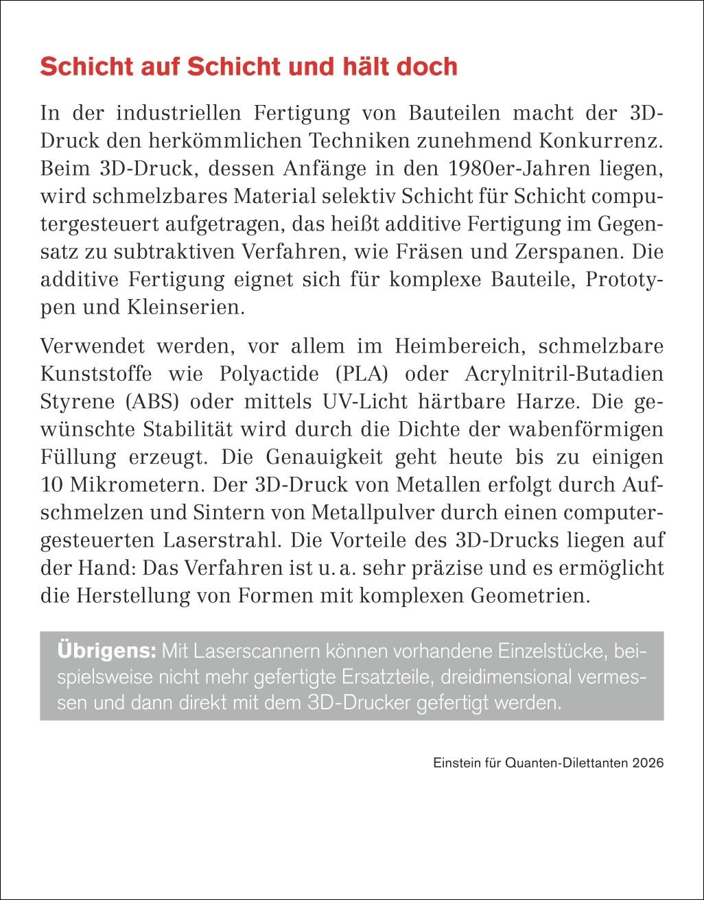 Beispielinhalt (Bild) Einstein für Quanten-Dilettanten Tagesabreißkalender 2026 - Ein vergnüglicher Crashkurs in Sachen Naturwissenschaften