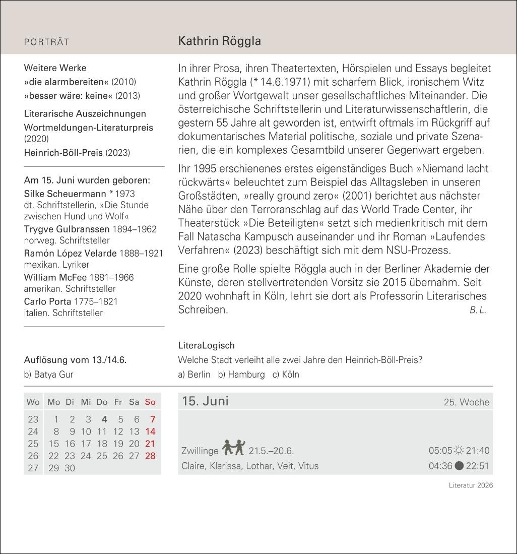 Beispielinhalt (Bild) Literatur Tagesabreißkalender 2026 - Kulturkalender - Autoren, Werke, Hörbücher