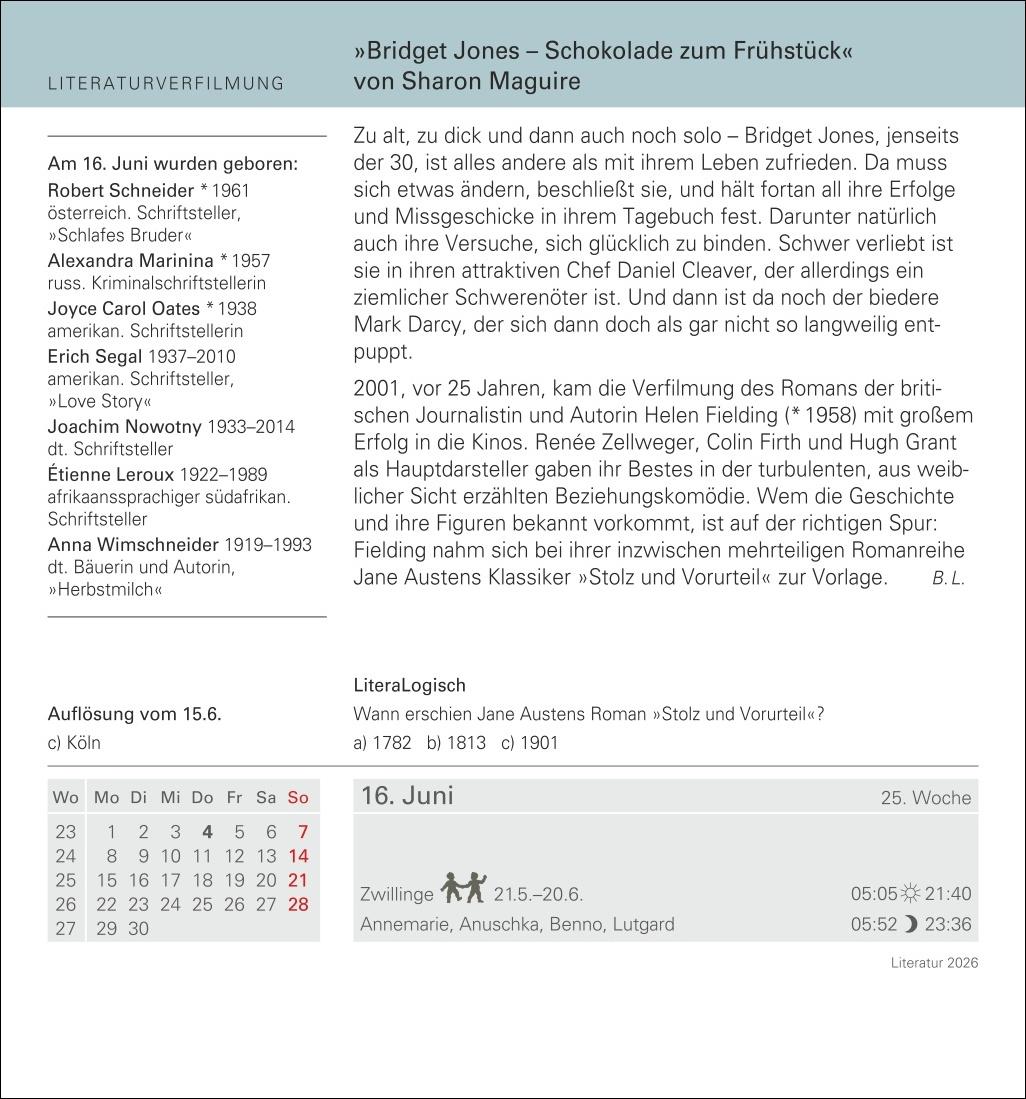 Beispielinhalt (Bild) Literatur Tagesabreißkalender 2026 - Kulturkalender - Autoren, Werke, Hörbücher