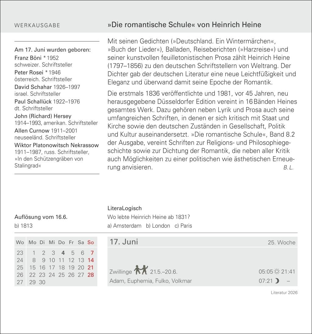 Beispielinhalt (Bild) Literatur Tagesabreißkalender 2026 - Kulturkalender - Autoren, Werke, Hörbücher