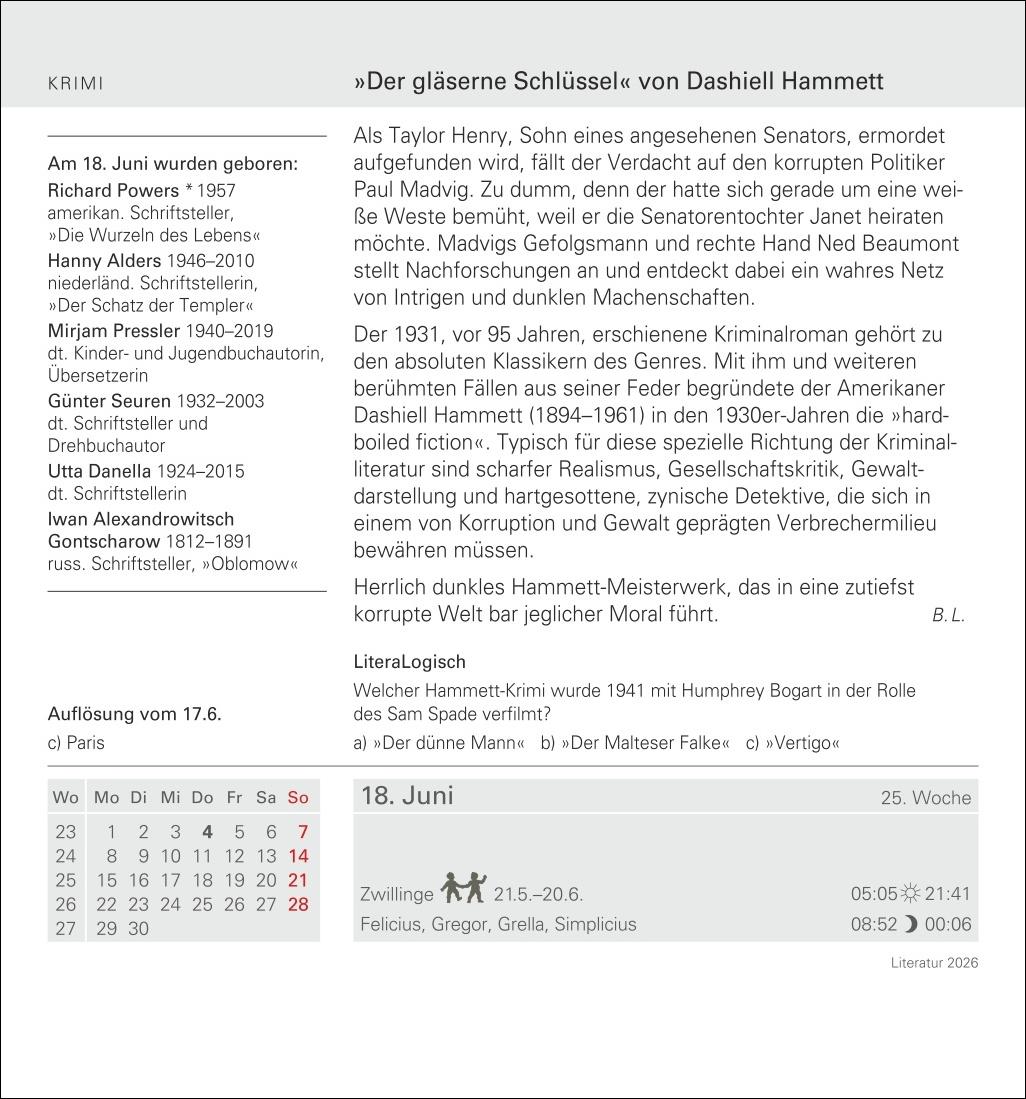 Beispielinhalt (Bild) Literatur Tagesabreißkalender 2026 - Kulturkalender - Autoren, Werke, Hörbücher