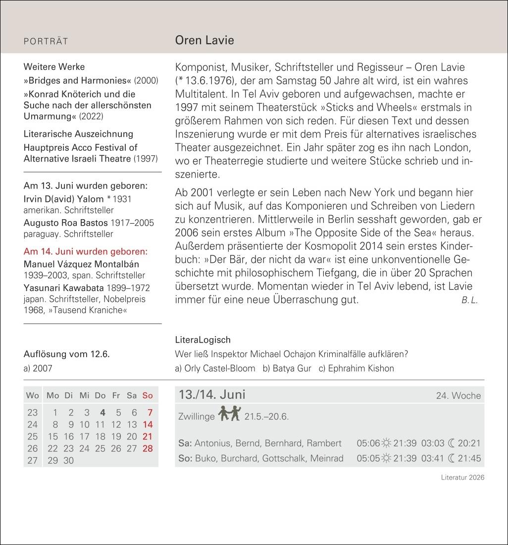 Beispielinhalt (Bild) Literatur Tagesabreißkalender 2026 - Kulturkalender - Autoren, Werke, Hörbücher