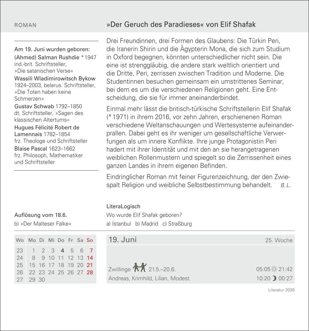 Beispielinhalt (Bild) Literatur Tagesabreißkalender 2026 - Kulturkalender - Autoren, Werke, Hörbücher