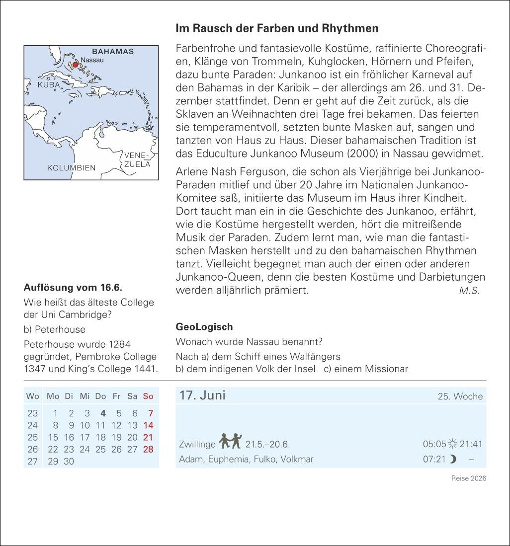 Beispielinhalt (Bild) Reise Tagesabreißkalender 2026 - Kulturkalender - Städte, Menschen, Landschaften