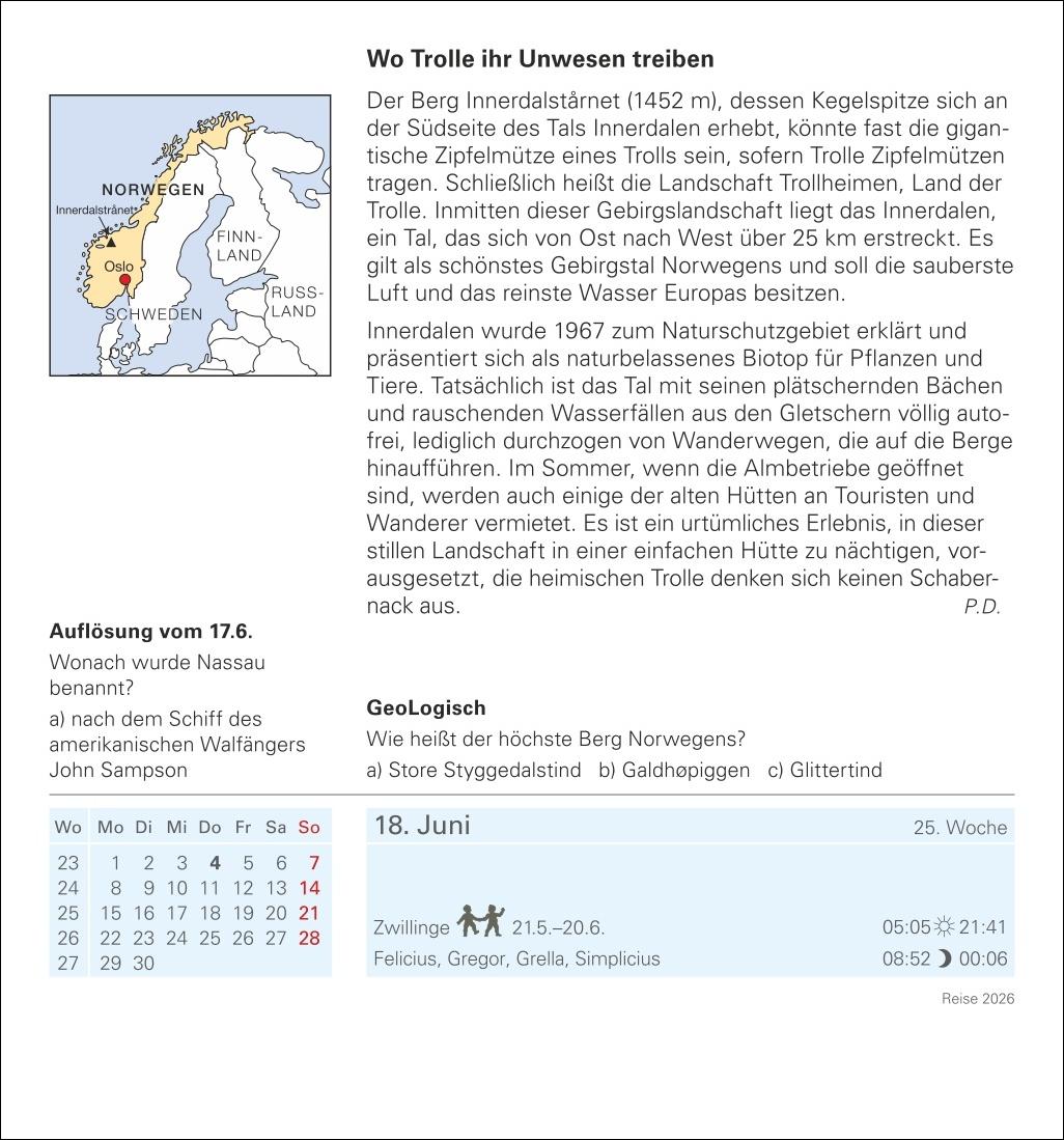 Beispielinhalt (Bild) Reise Tagesabreißkalender 2026 - Kulturkalender - Städte, Menschen, Landschaften