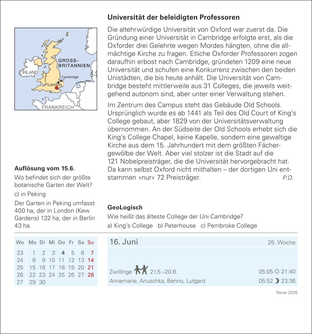Beispielinhalt (Bild) Reise Tagesabreißkalender 2026 - Kulturkalender - Städte, Menschen, Landschaften