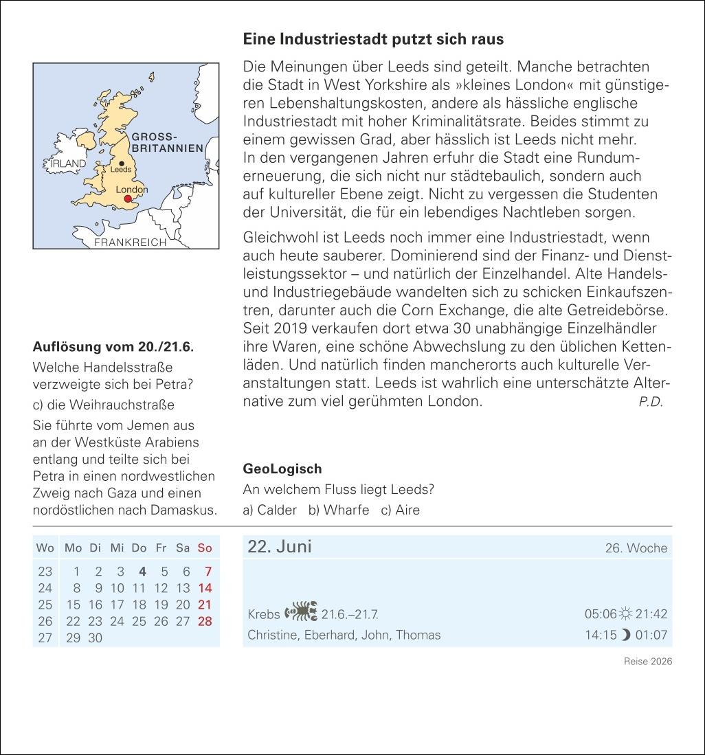 Beispielinhalt (Bild) Reise Tagesabreißkalender 2026 - Kulturkalender - Städte, Menschen, Landschaften