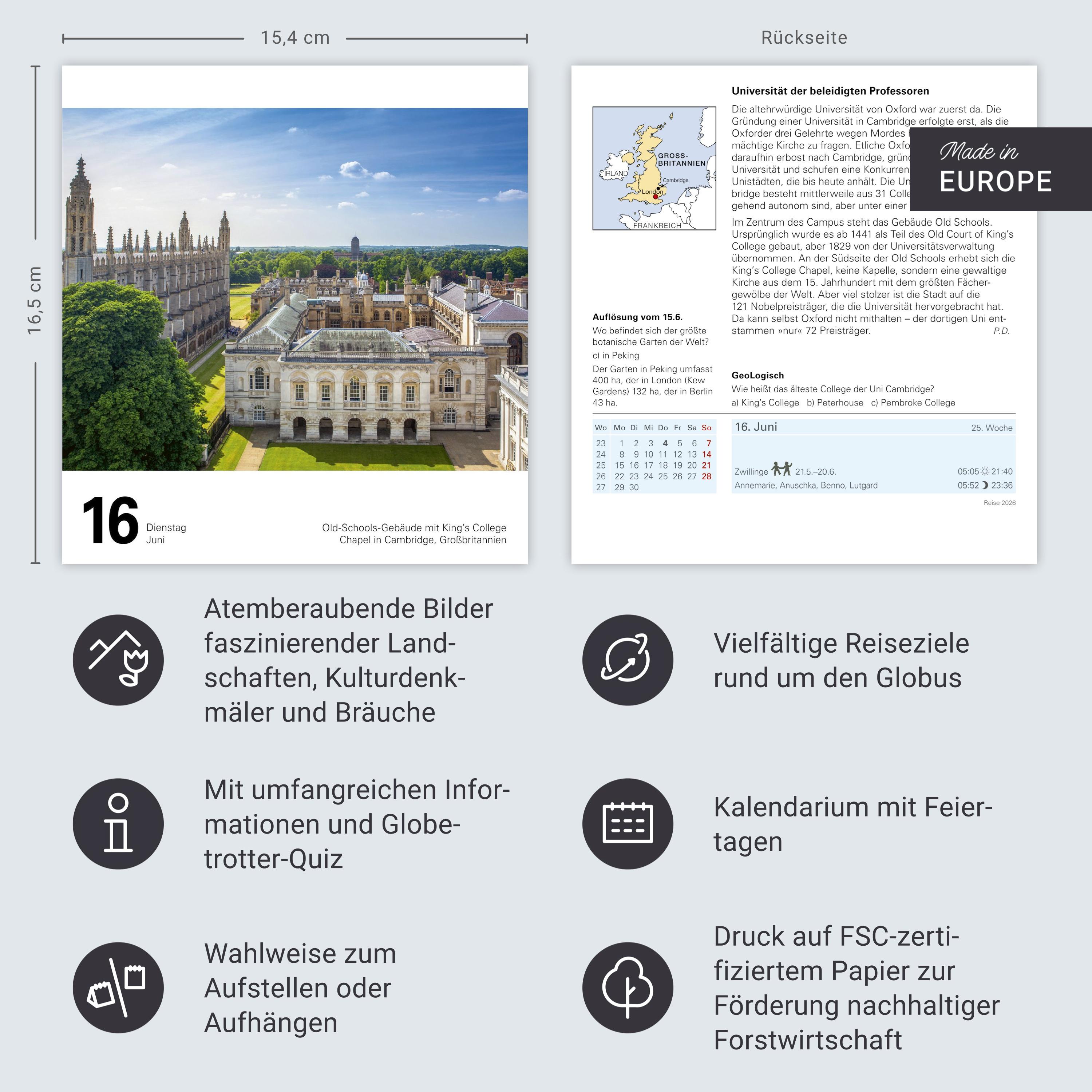 Beispielinhalt (Bild) Reise Tagesabreißkalender 2026 - Kulturkalender - Städte, Menschen, Landschaften