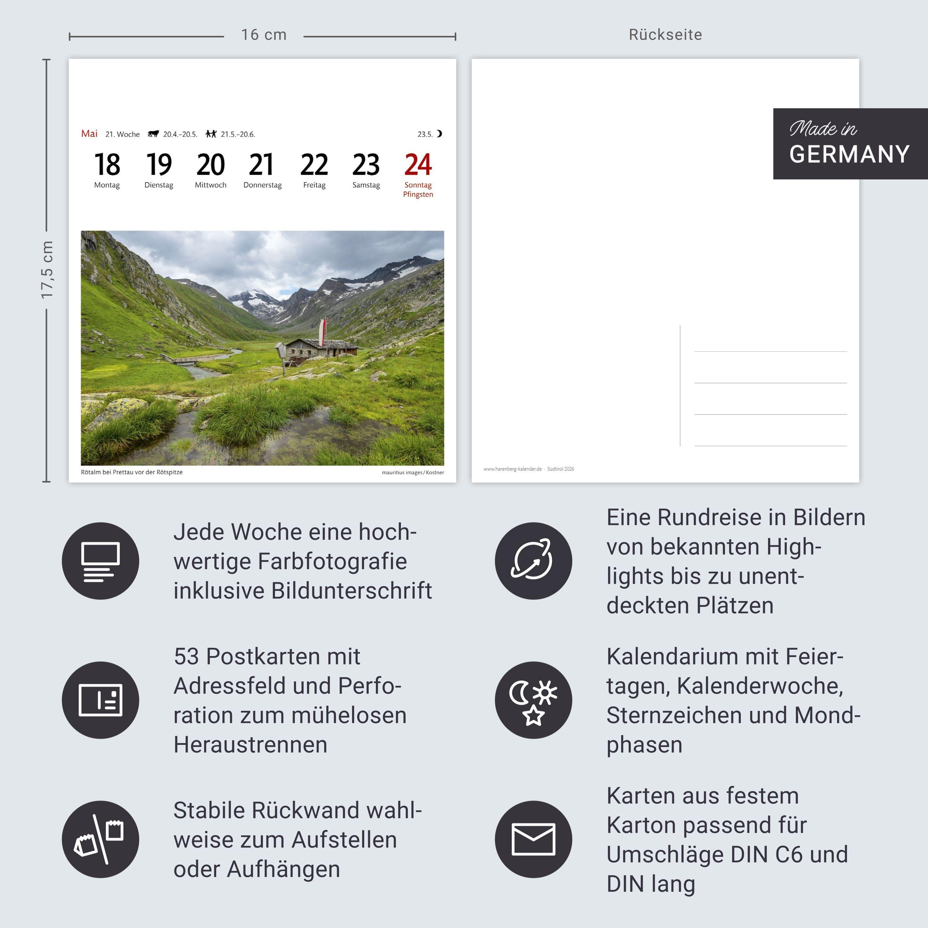 Beispielinhalt (Bild) Südtirol Sehnsuchtskalender 2026 - Wochenkalender mit 53 Postkarten