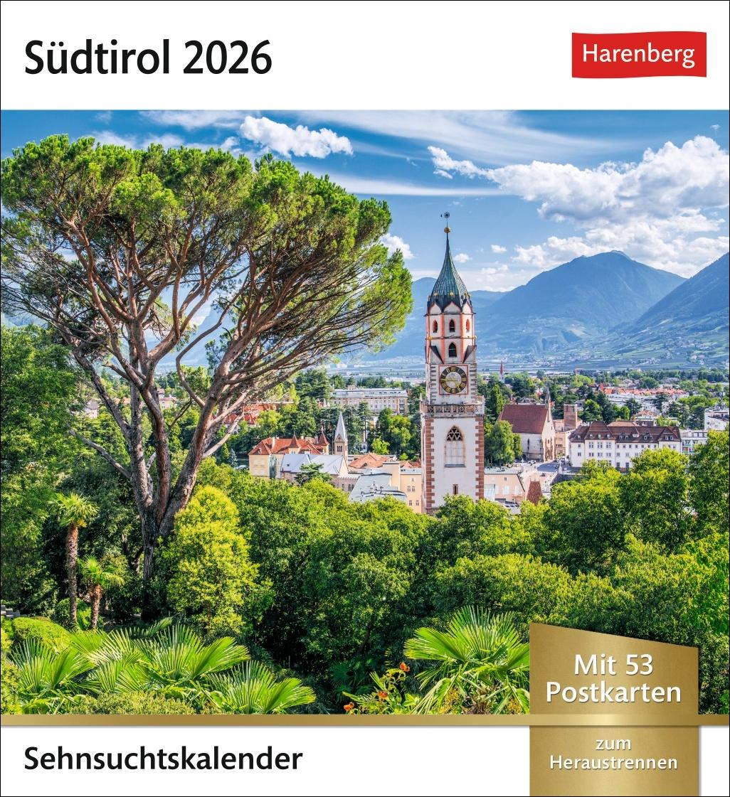 Vorderes Coverbild Südtirol Sehnsuchtskalender 2026 - Wochenkalender mit 53 Postkarten