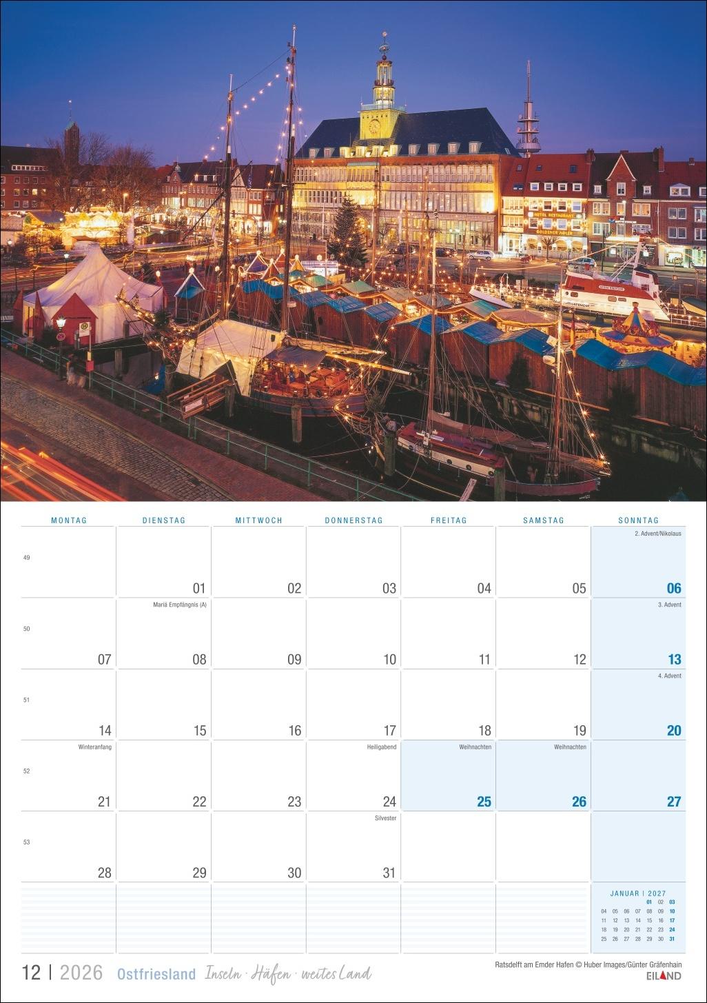 Beispielinhalt (Bild) Ostfriesland Kalender 2026 - Inseln · Häfen · weites Land