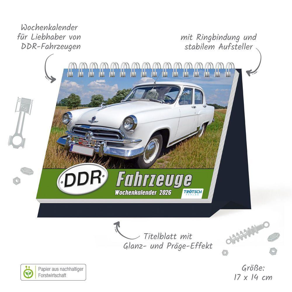 Beispielinhalt (Bild) Trötsch Aufstellwochenkalender DDR Fahrzeuge 2026