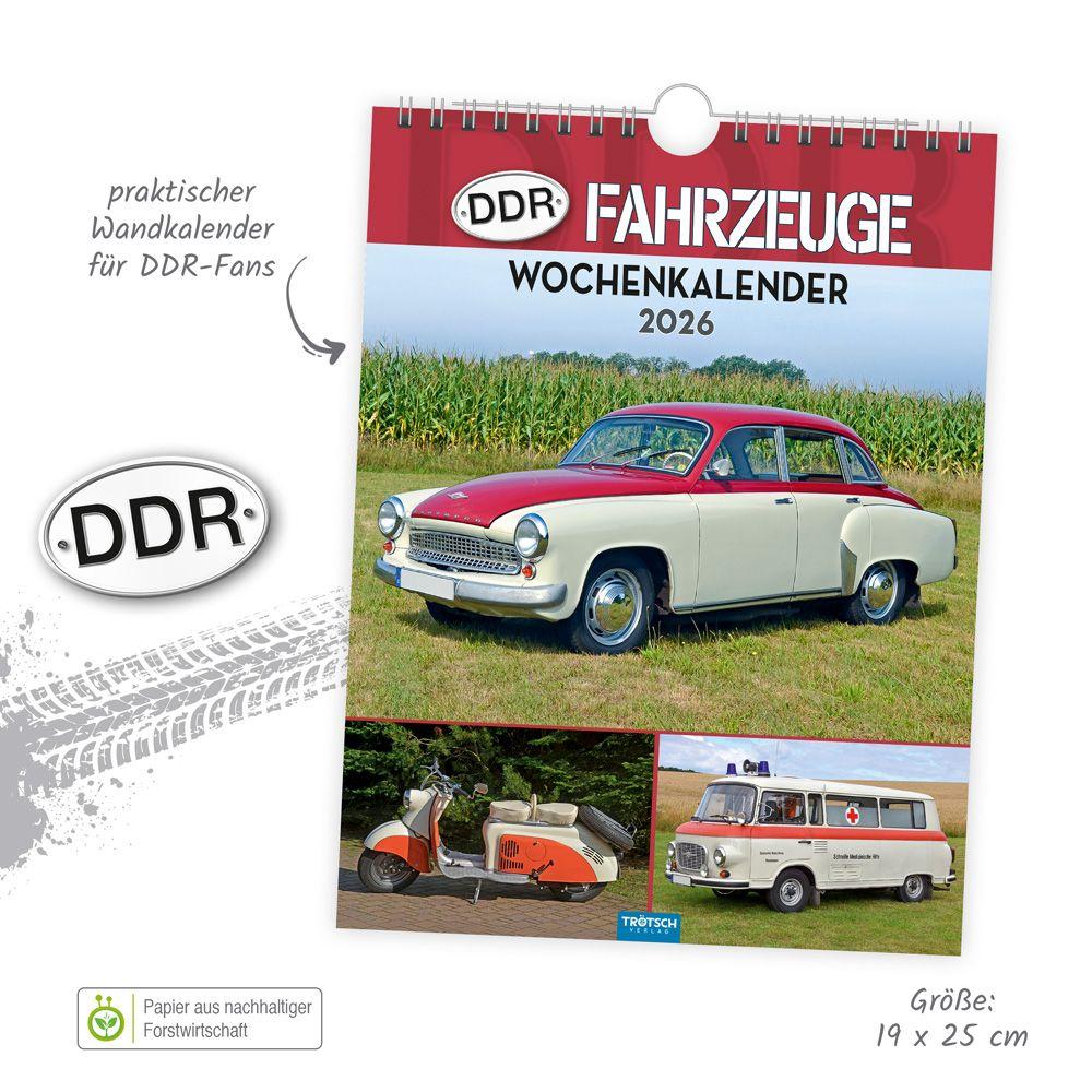 Beispielinhalt (Bild) Trötsch Wochenkalender zum Hängen DDR-Fahrzeuge 2026