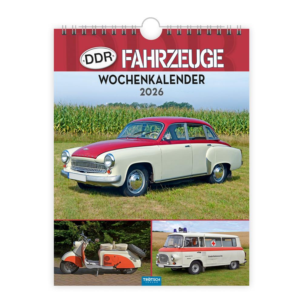 Vorderes Coverbild Trötsch Wochenkalender zum Hängen DDR-Fahrzeuge 2026