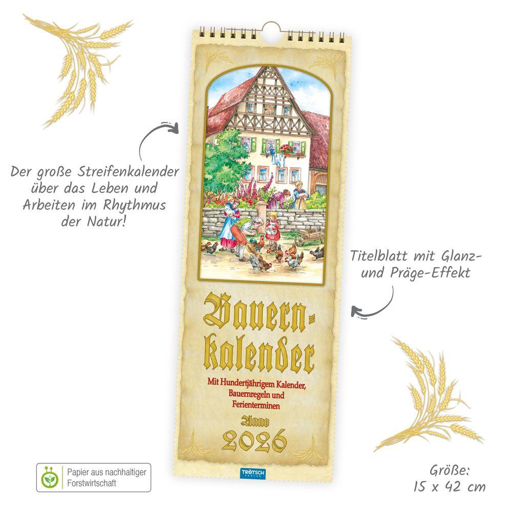 Beispielinhalt (Bild) Trötsch Maxi-Streifenkalender Bauernkalender 2026 mit Hundertjährigem Kalender, Bauernregeln und Ferienterminen