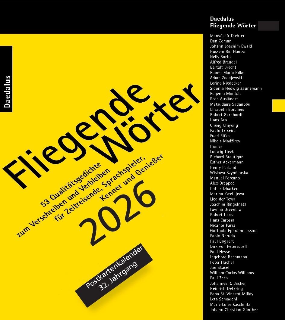 Vorderes Coverbild Fliegende Wörter 2026. Postkartenkalender