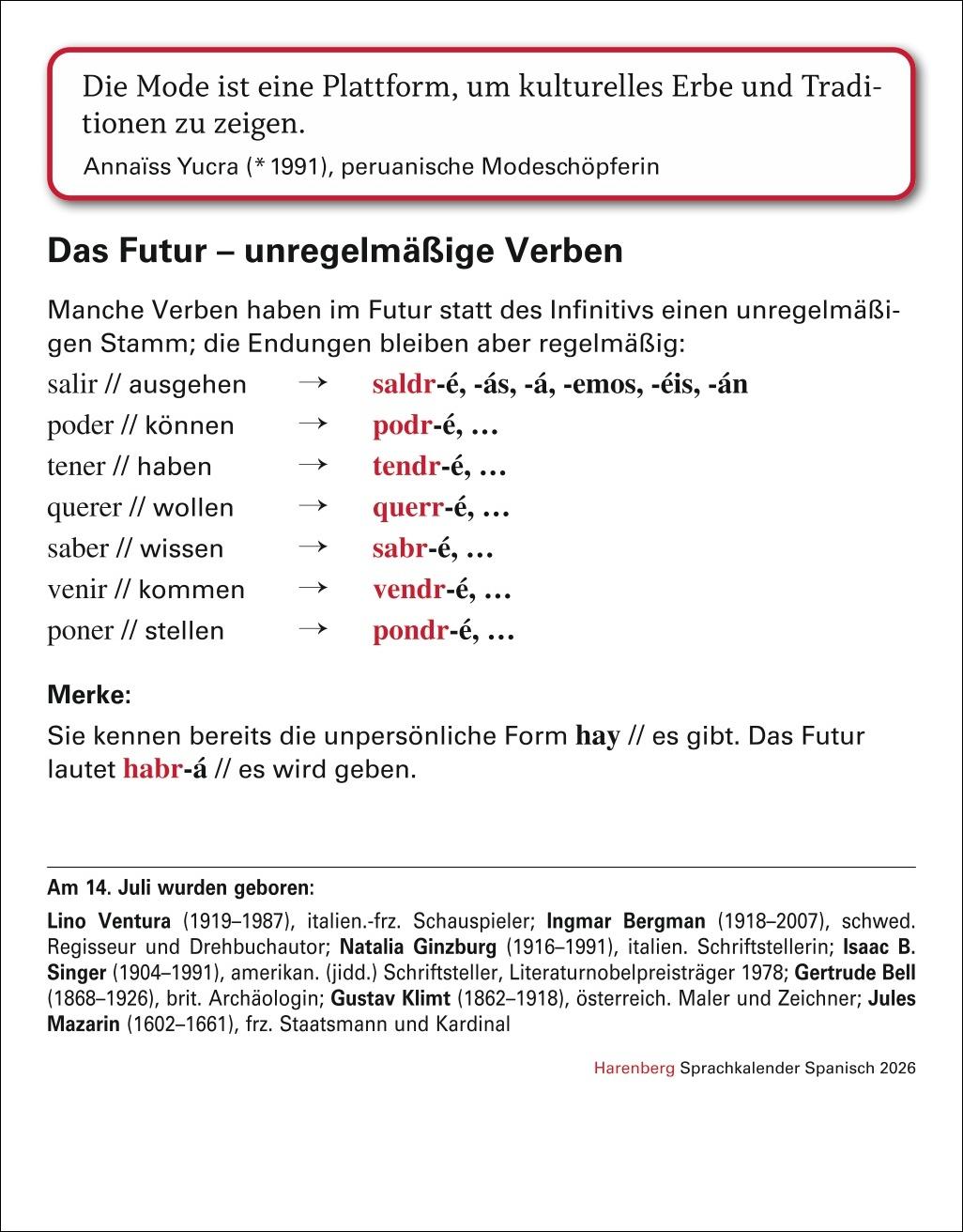 Beispielinhalt (Bild) Spanisch Sprachkalender 2026 - Spanisch lernen leicht gemacht - Tagesabreißkalender