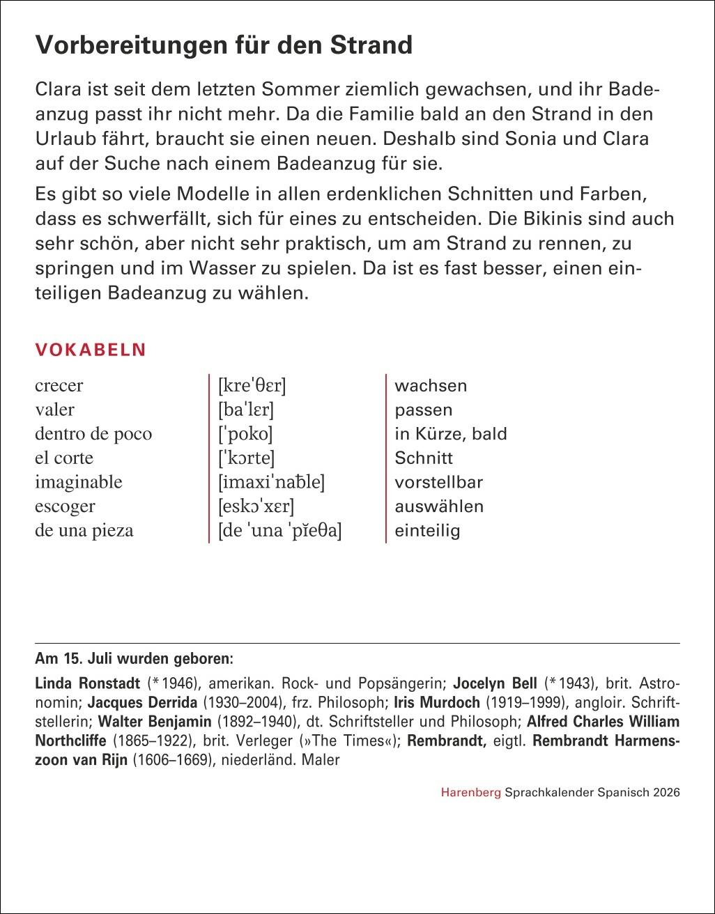 Beispielinhalt (Bild) Spanisch Sprachkalender 2026 - Spanisch lernen leicht gemacht - Tagesabreißkalender
